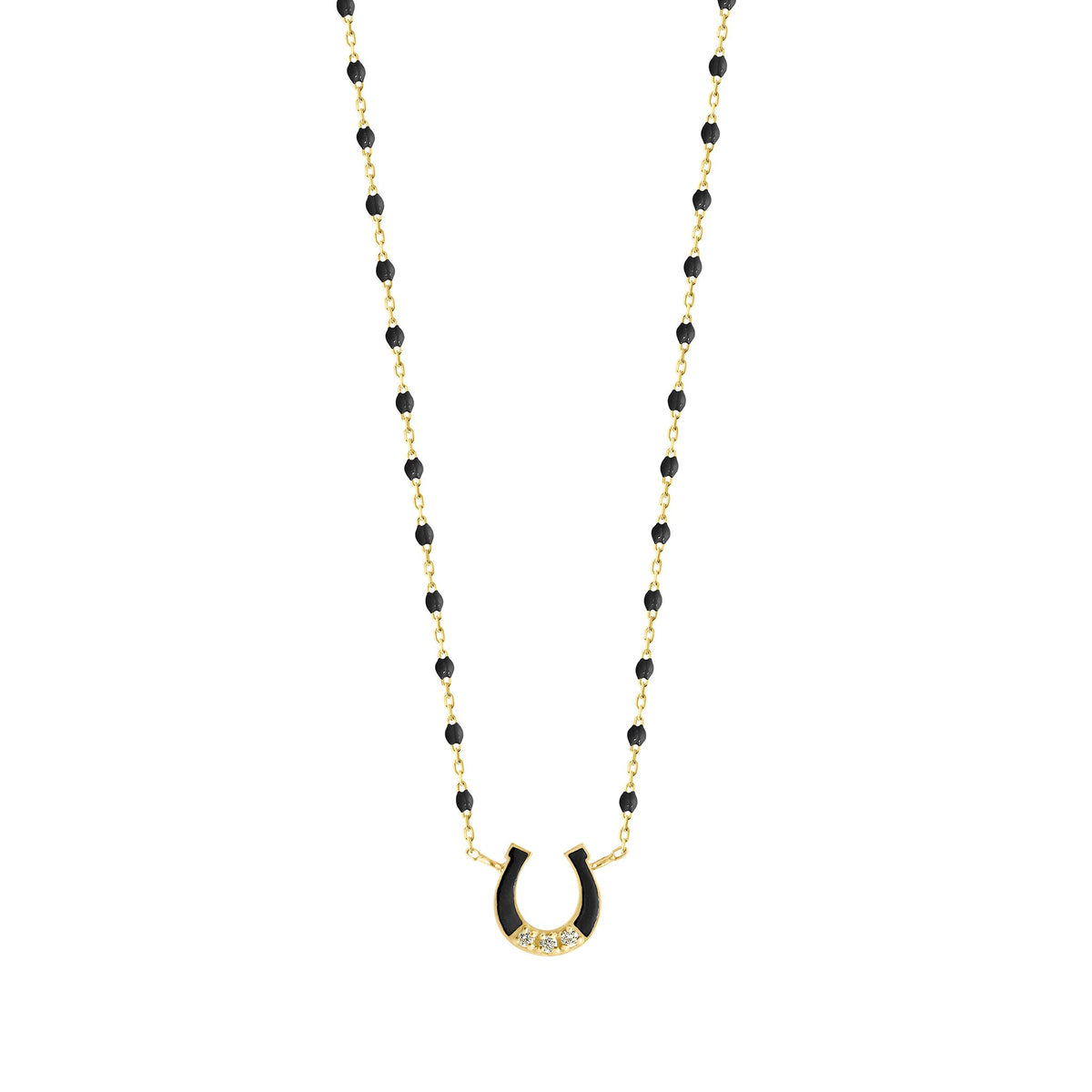 Mini Horseshoe Diamond Black necklace, Yellow Gold, 16.5