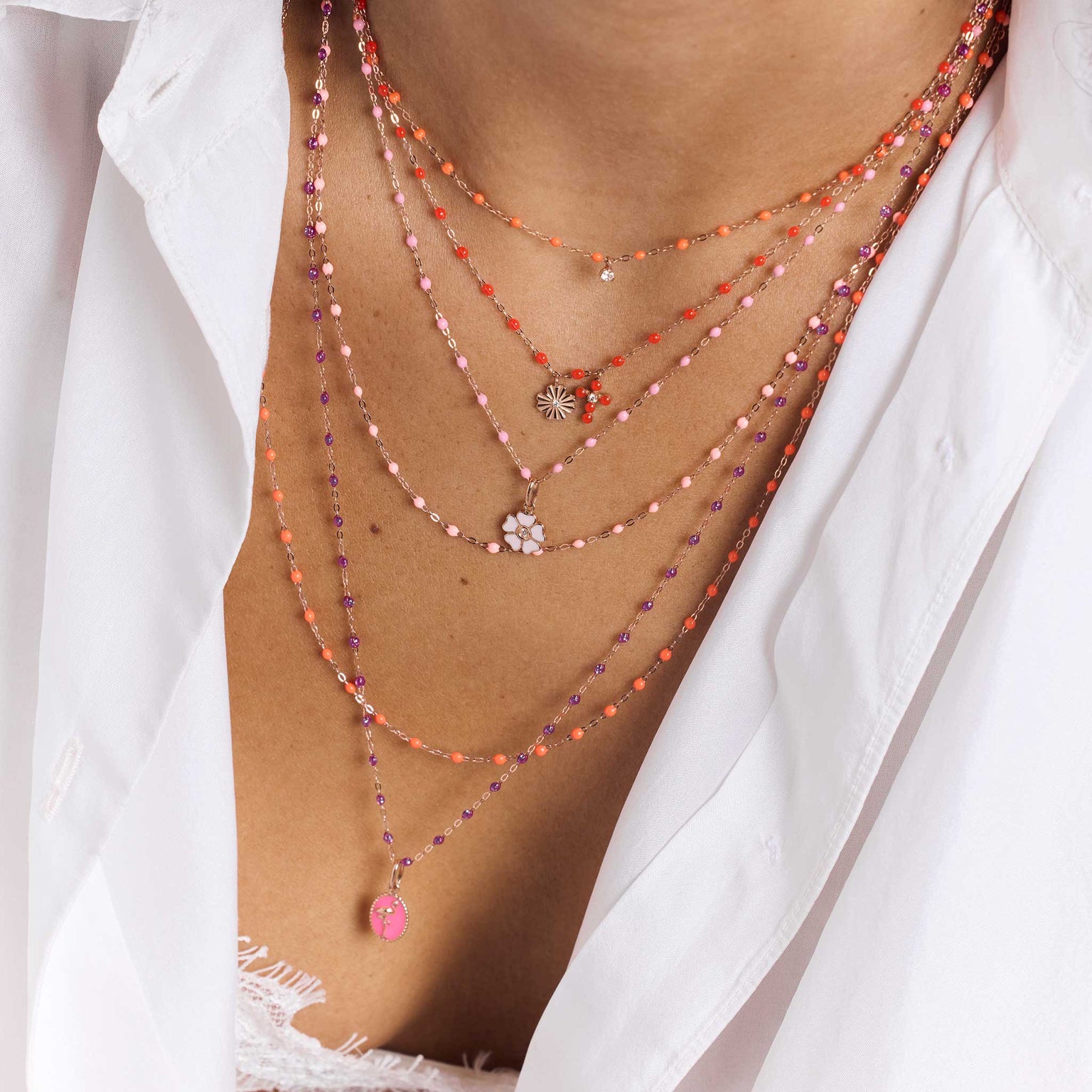 Gigi Clozeau - Pearled Cross Diamond Pendant, Coral, Rose Gold