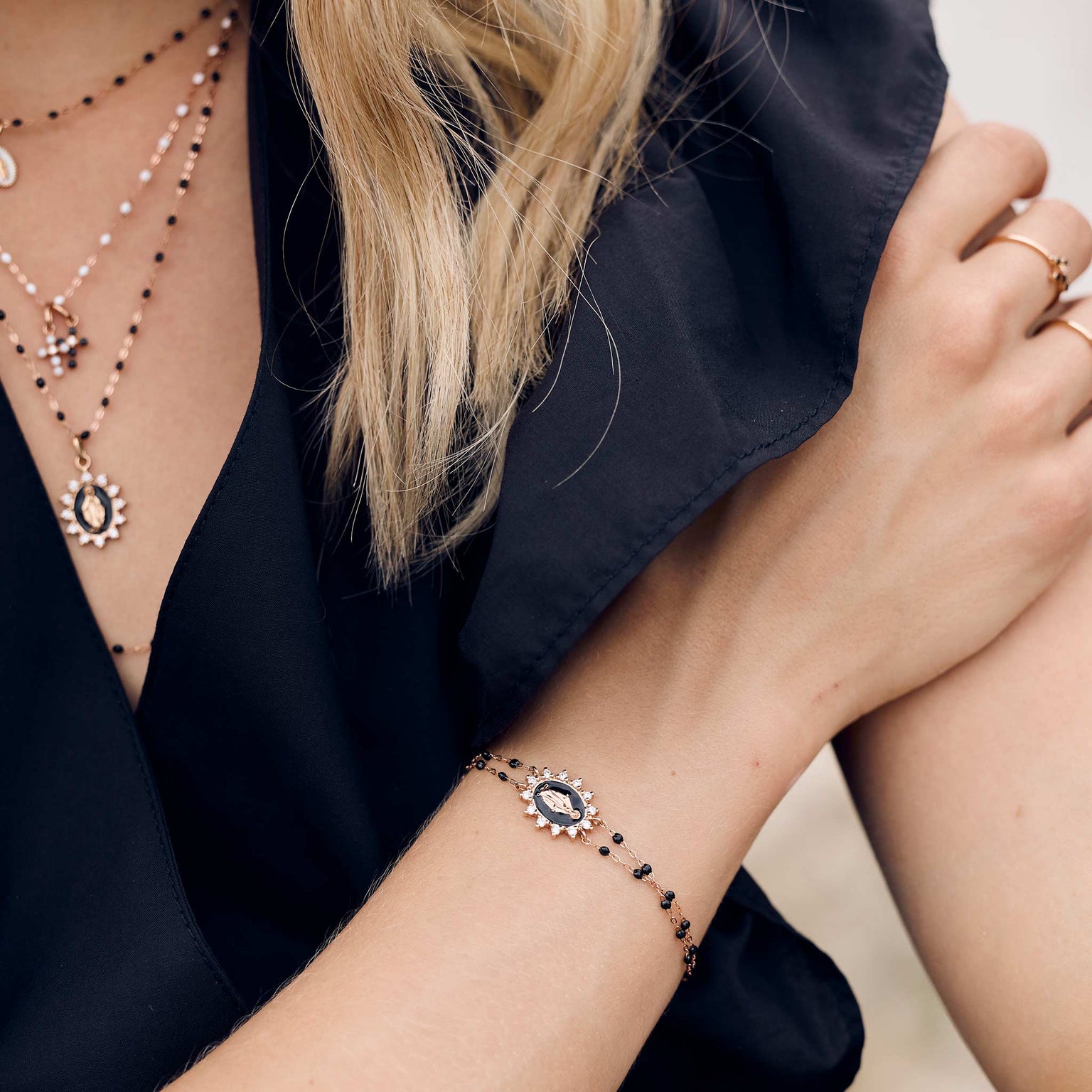 Gigi Clozeau - Madone Supreme Black diamond bracelet, Rose Gold, 6.7"