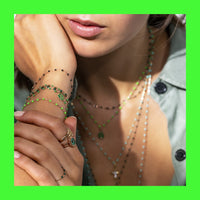 Gigi Clozeau necklaces and bracelets. 18 carat gold in all colors of the rainbow. Diamonds and classic chains.