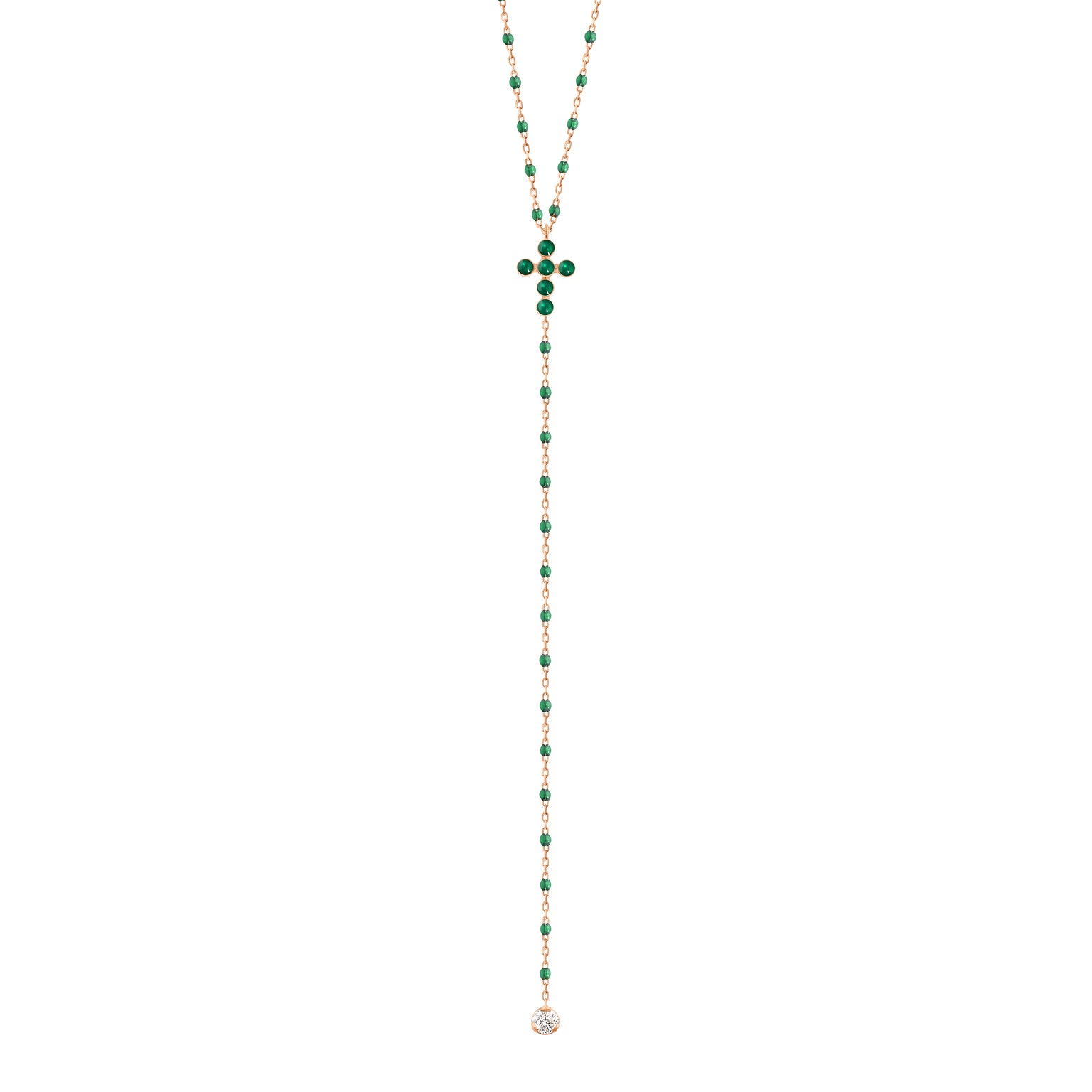 Gigi Clozeau - Pearled Cross Diamond Rosary, Emerald, Rose Gold