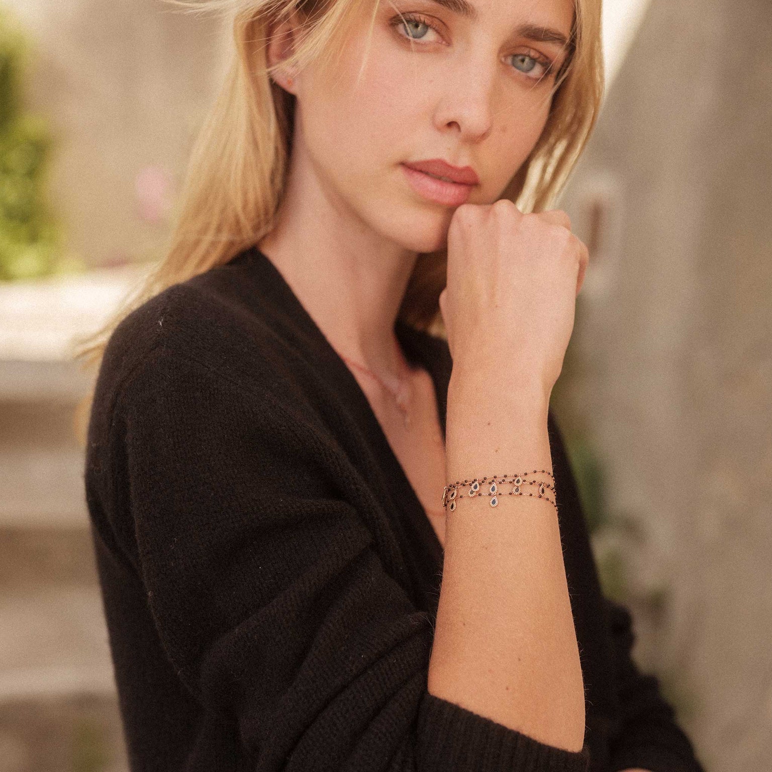 Gigi Clozeau - Black Mini 3 Lucky Cashmere Bracelet, Yellow Gold, 6.7"