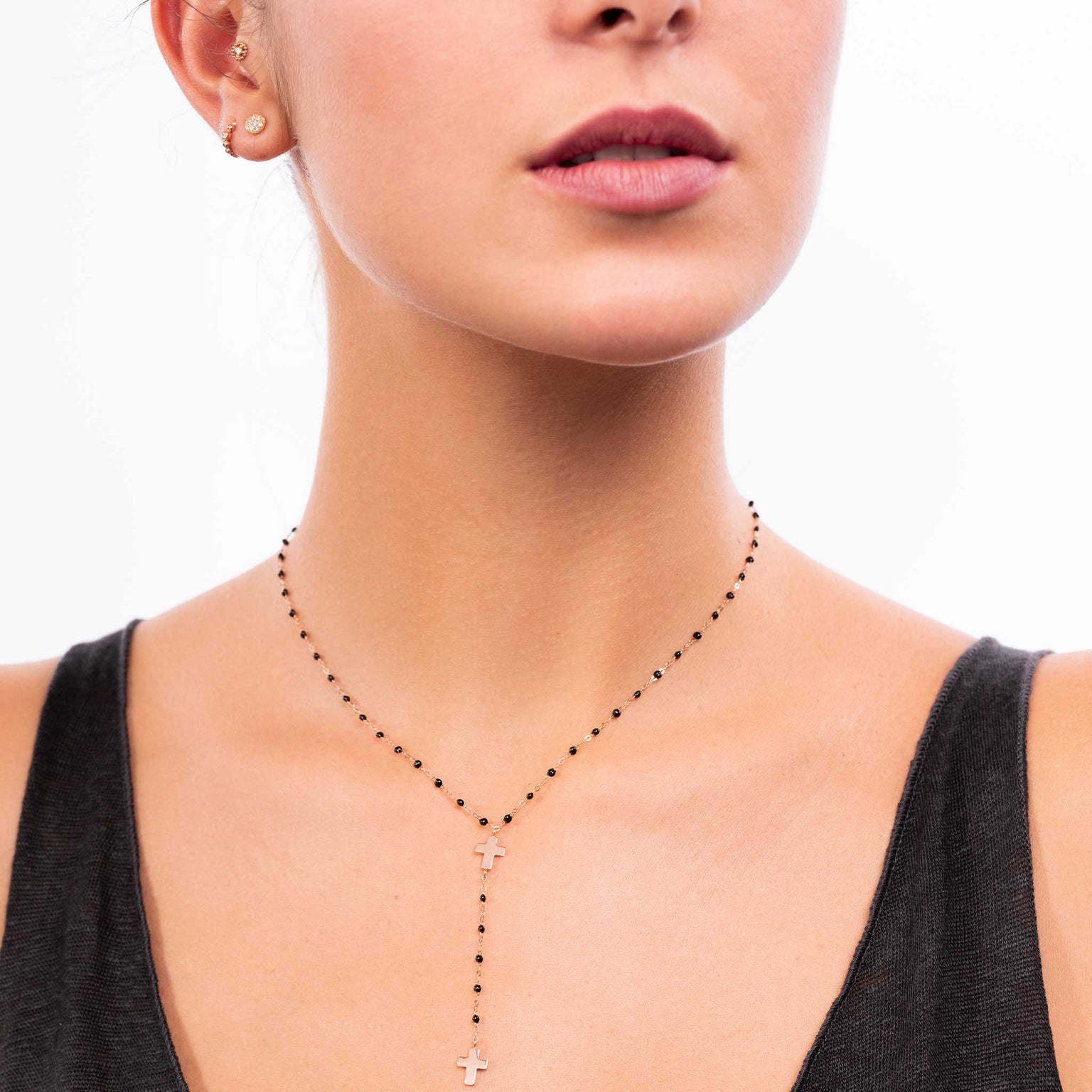 Gigi Clozeau - Cross Charm Classic Gigi Black rosary, Yellow Gold, 16.5"