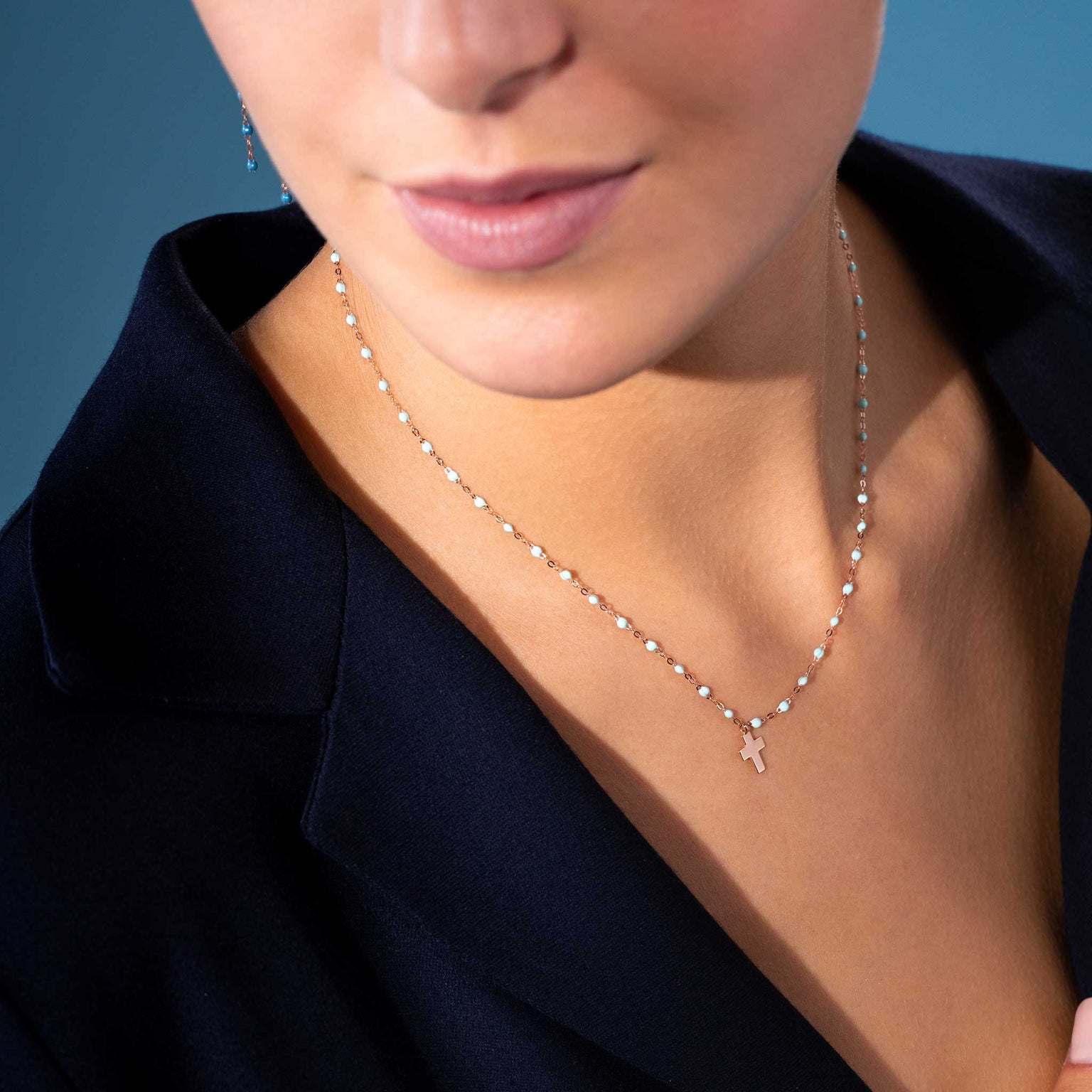 Gigi Clozeau - Cross Charm Classic Gigi Baby Blue necklace, Rose Gold, 16.5"