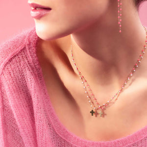 Gigi Clozeau - Cross Charm Classic Gigi Baby Pink necklace, Yellow Gold, 16.5"