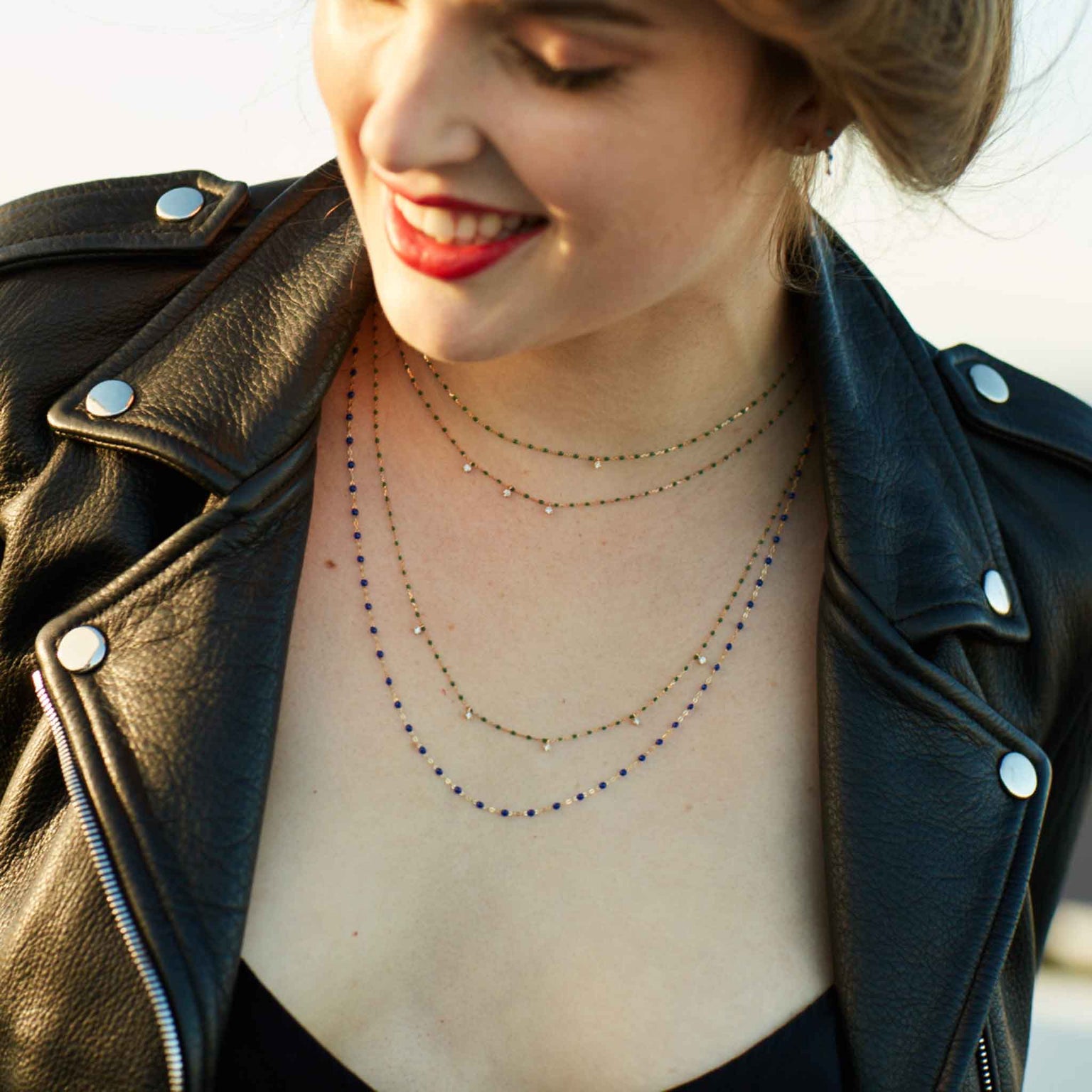 Gigi Clozeau - Mini Gigi Black necklace, Rose Gold 3 diamond, 16.5"
