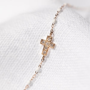 Gigi Clozeau - Cross Charm Classic Gigi White diamond bracelet, Rose Gold, 6.7"