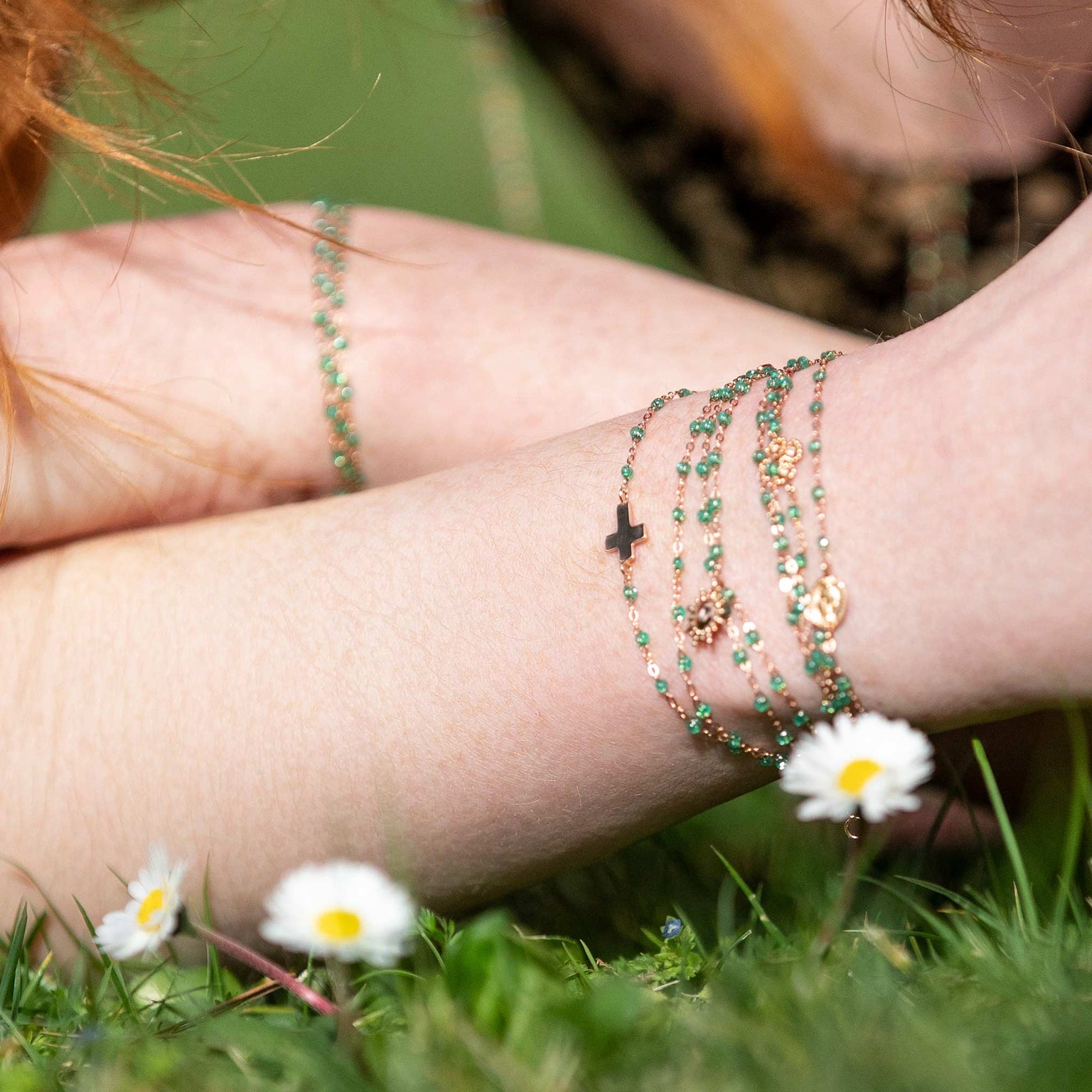 Gigi Clozeau - Cross Charm Classic Gigi Mint Bracelet, Rose Gold, 6.7"