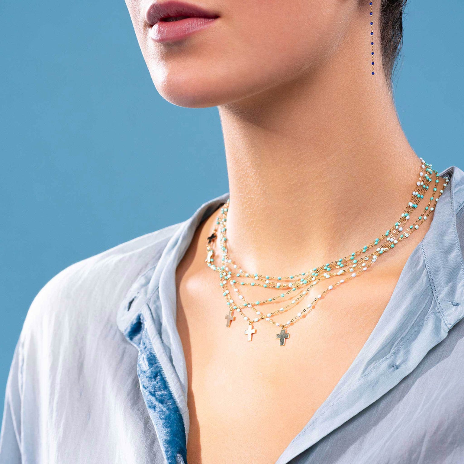 Gigi Clozeau - Side Cross Charm Classic Gigi Turquoise Green necklace, Yellow Gold, 16.5"