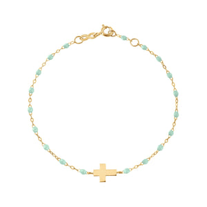 Gigi Clozeau - Baby Cross Charm Classic Gigi Jade bracelet, Yellow Gold, 5.1"