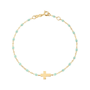 Gigi Clozeau - Baby Cross Charm Classic Gigi Jade bracelet, Yellow Gold, 5.1"