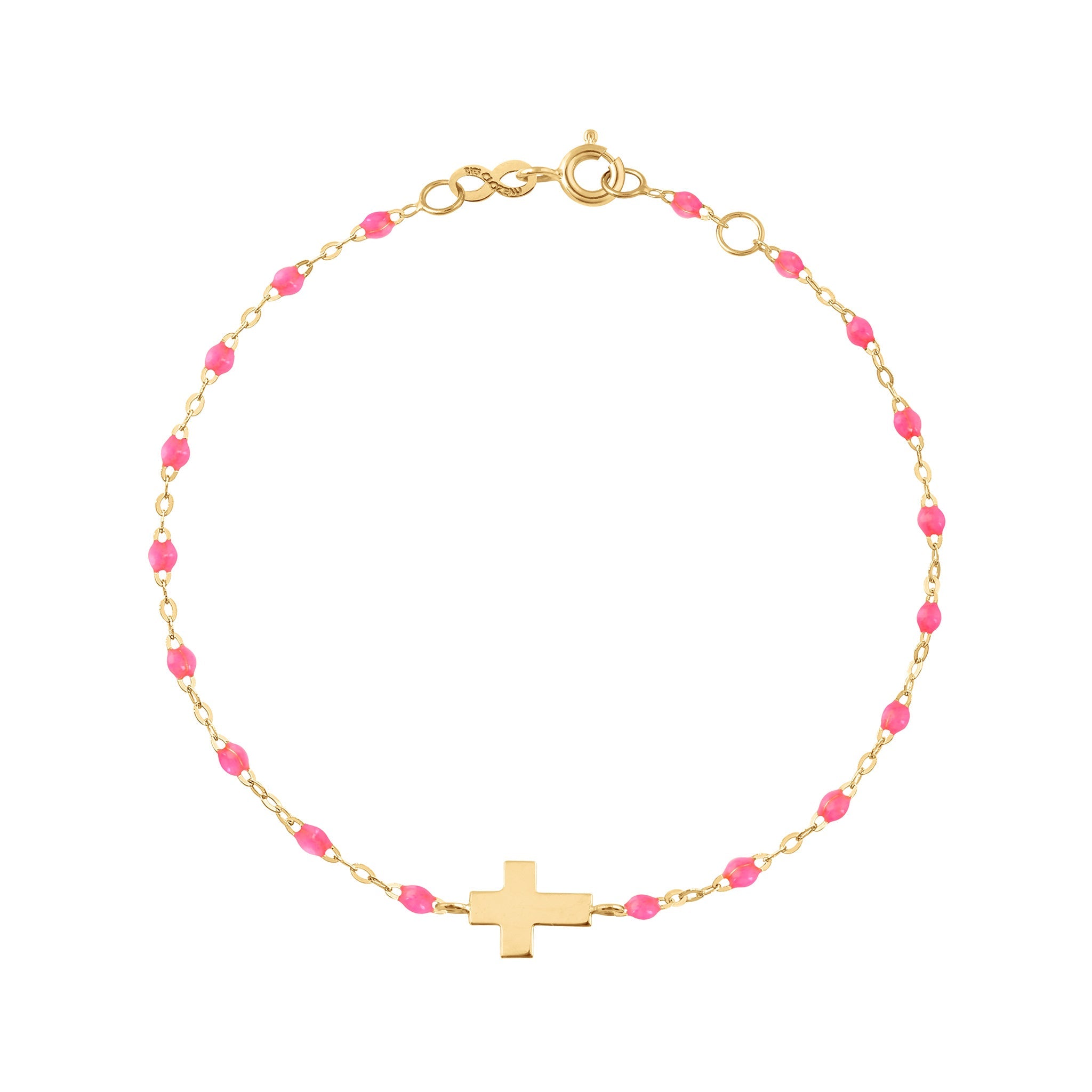 Gigi Clozeau - Baby Cross Charm Classic Gigi Pink bracelet, Yellow Gold, 5.1"