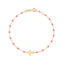 Gigi Clozeau - Baby Cross Charm Classic Gigi Pink bracelet, Yellow Gold, 5.1"