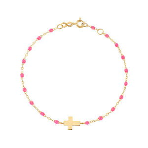 Gigi Clozeau - Baby Cross Charm Classic Gigi Pink bracelet, Yellow Gold, 5.1"