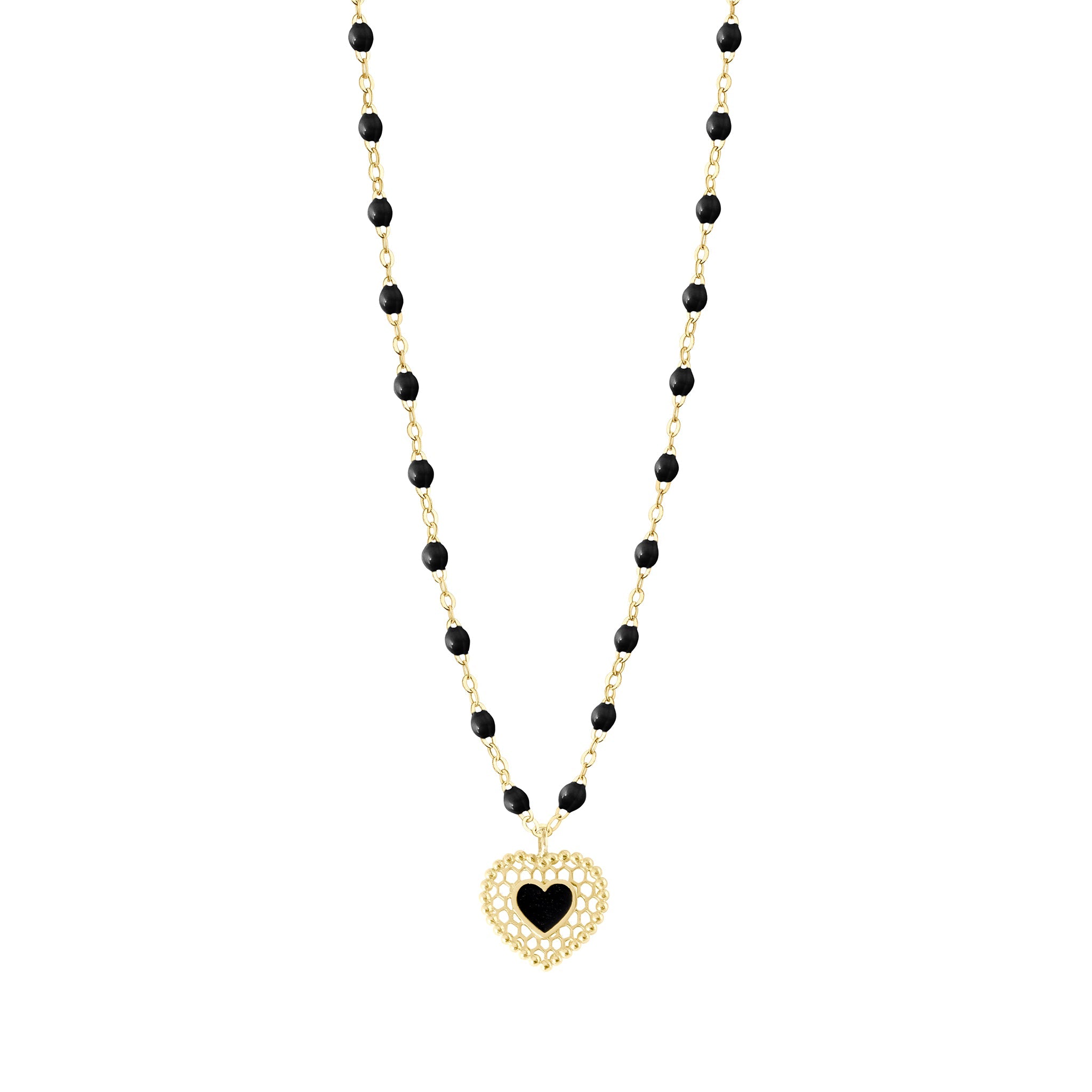 Gigi Clozeau - Black Lace Heart Necklace, Yellow Gold, 16.5"