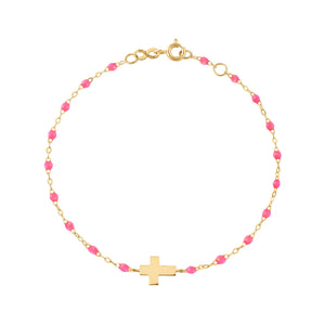 Gigi Clozeau - Child Cross Charm Classic Gigi Pink bracelet, Yellow Gold, 5.9"