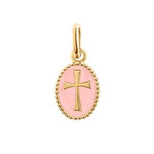 Gigi Clozeau - Cross Baby Pink Resin pendant, Yellow Gold