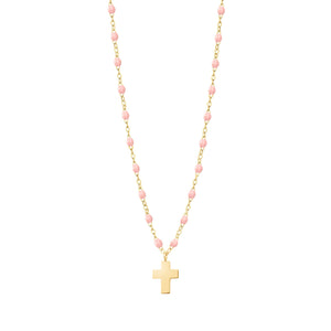 Gigi Clozeau - Cross Charm Classic Gigi Baby Pink necklace, Yellow Gold, 16.5"