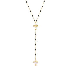 Gigi Clozeau - Cross Charm Classic Gigi Black diamond rosary, Yellow Gold, 16.5"