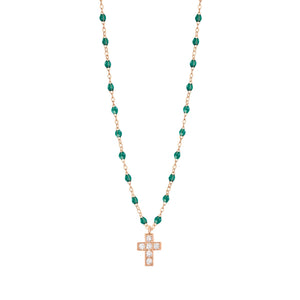 Gigi Clozeau - Cross Charm Classic Gigi Emerald diamond necklace, Rose Gold, 16.5"