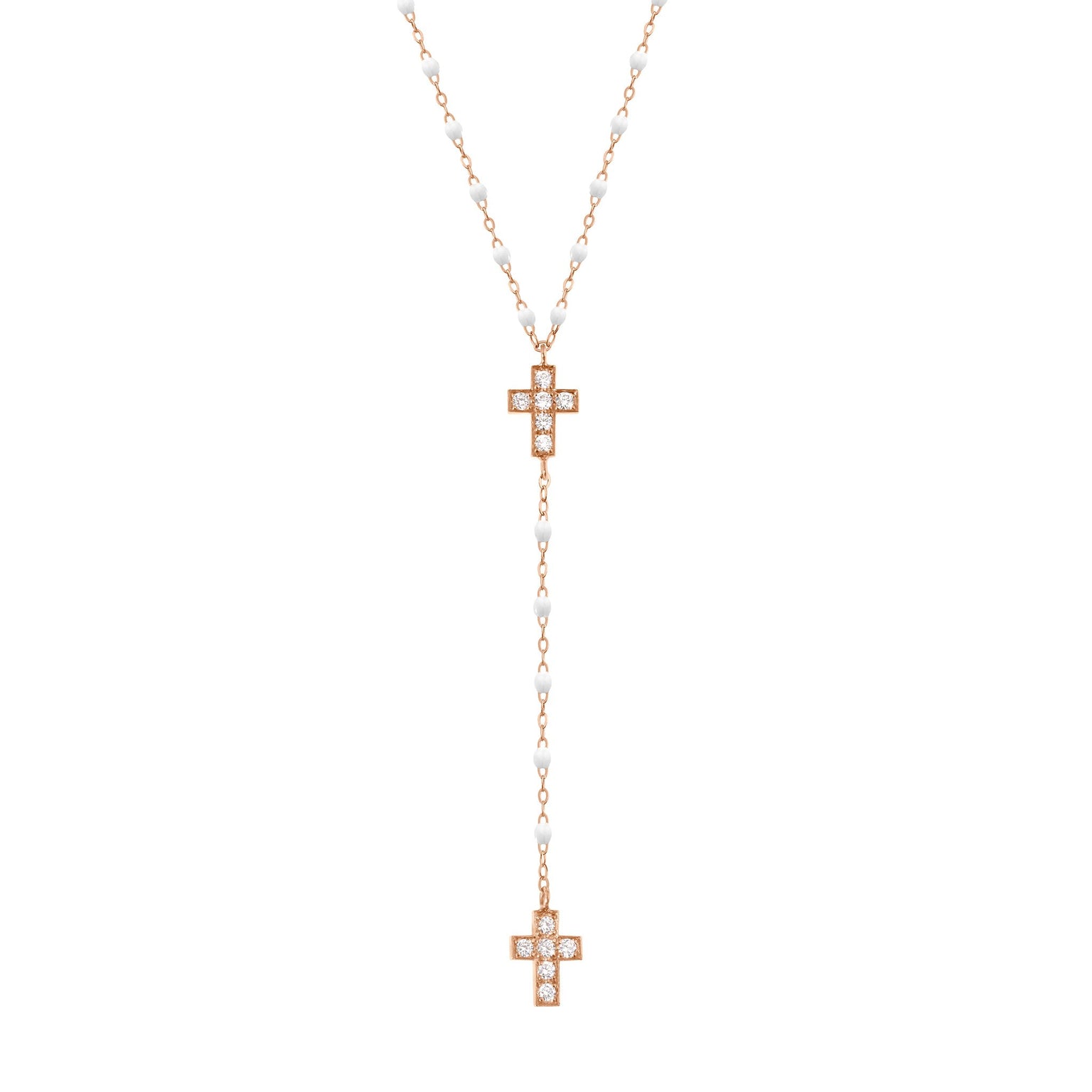Gigi Clozeau - Cross Charm Classic Gigi White diamond rosary, Rose Gold, 16.5"
