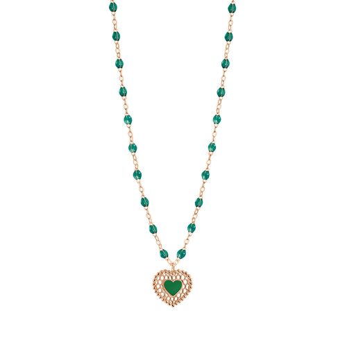 Gigi Clozeau - Emerald Lace Heart Necklace, Rose Gold, 16.5