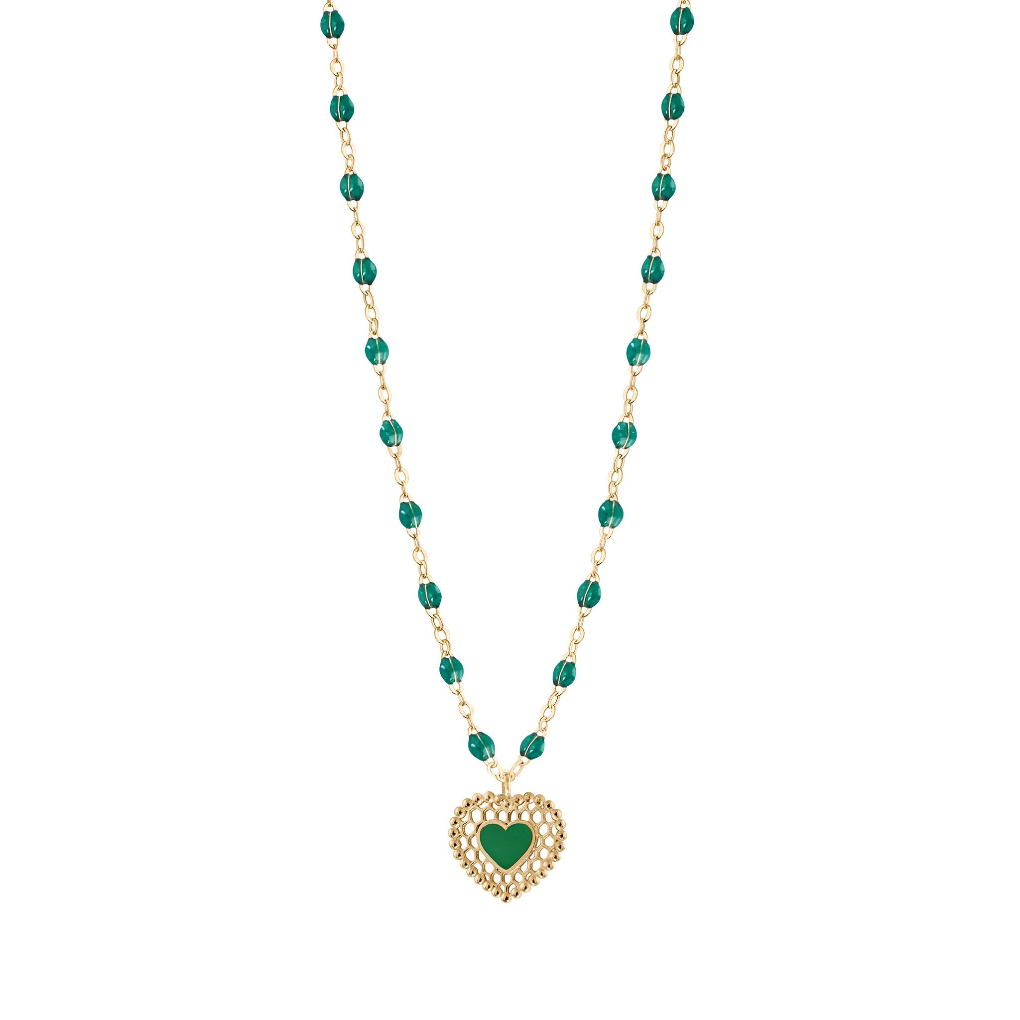 Gigi Clozeau - Emerald Lace Heart Necklace, Yellow Gold, 16.5"