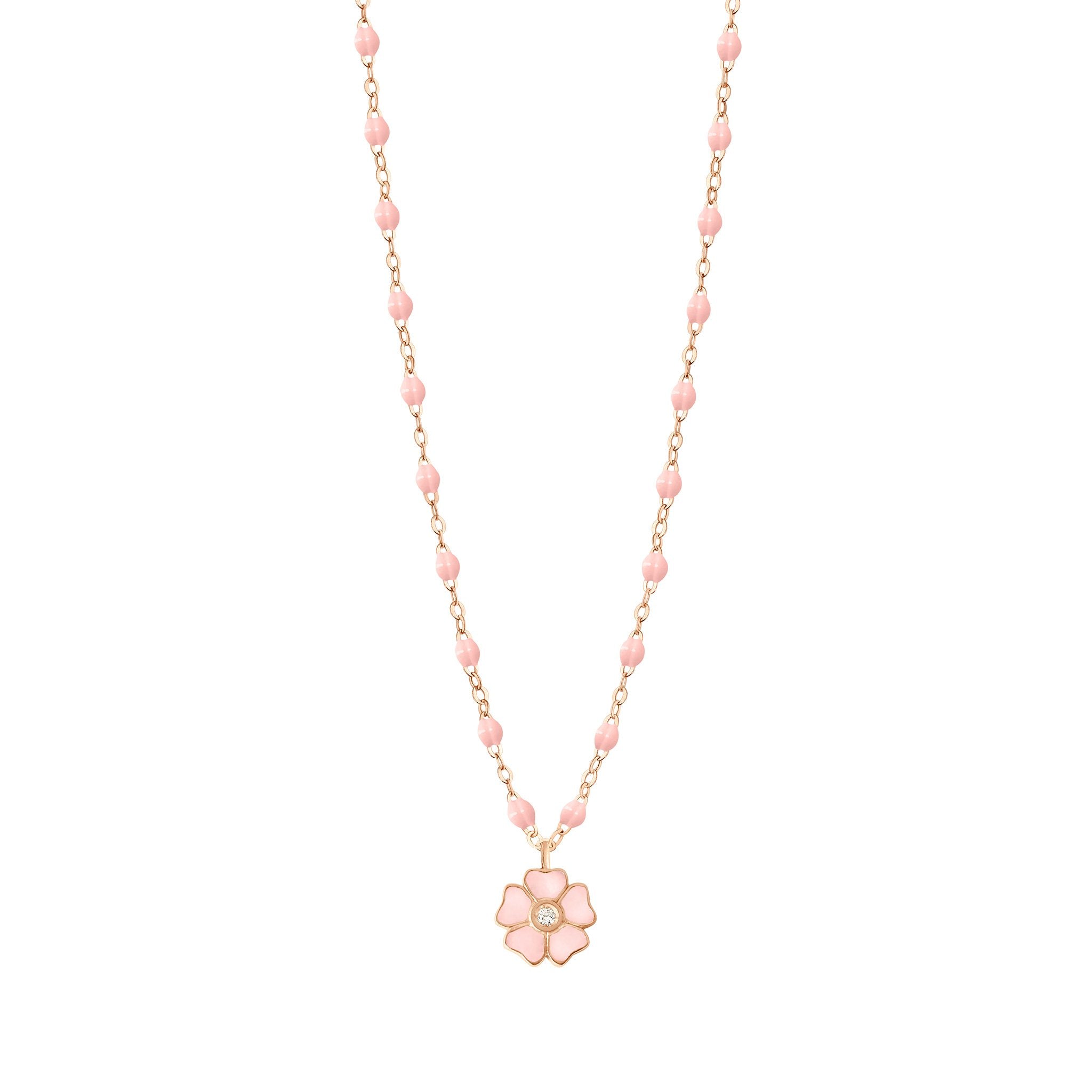 18K Pink Gold Diamond Pink Ceramic Heart Necklace with The Word Girl in Gold and The Diamond on Top of The I. 16.50 Inches with Extra Ring at 15 inch