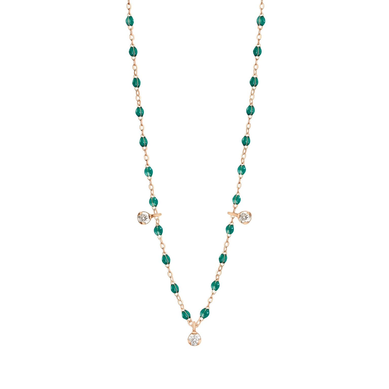 Gigi Clozeau - Gigi Supreme Classic 3 Diamond Necklace, Emerald, Rose Gold, 17.7"
