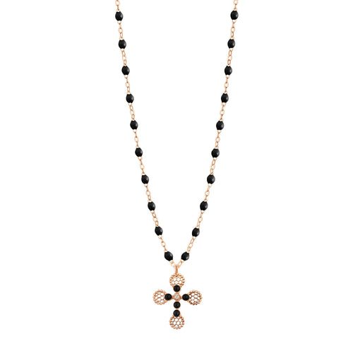 Gigi Clozeau - Lace Cross Diamond Necklace, Black, Rose Gold, 16.5