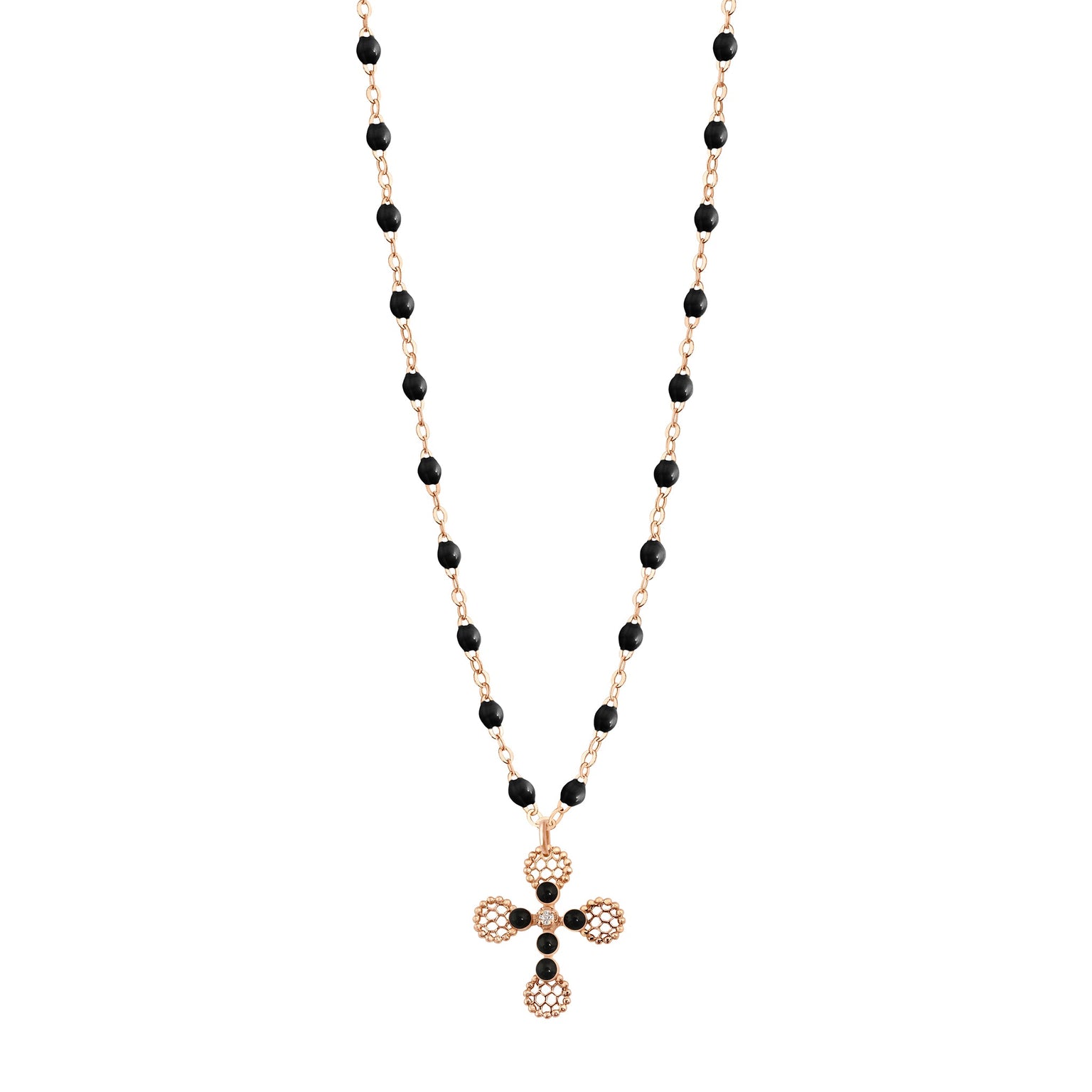Gigi Clozeau - Lace Cross Diamond Necklace, Black, Rose Gold, 16.5"