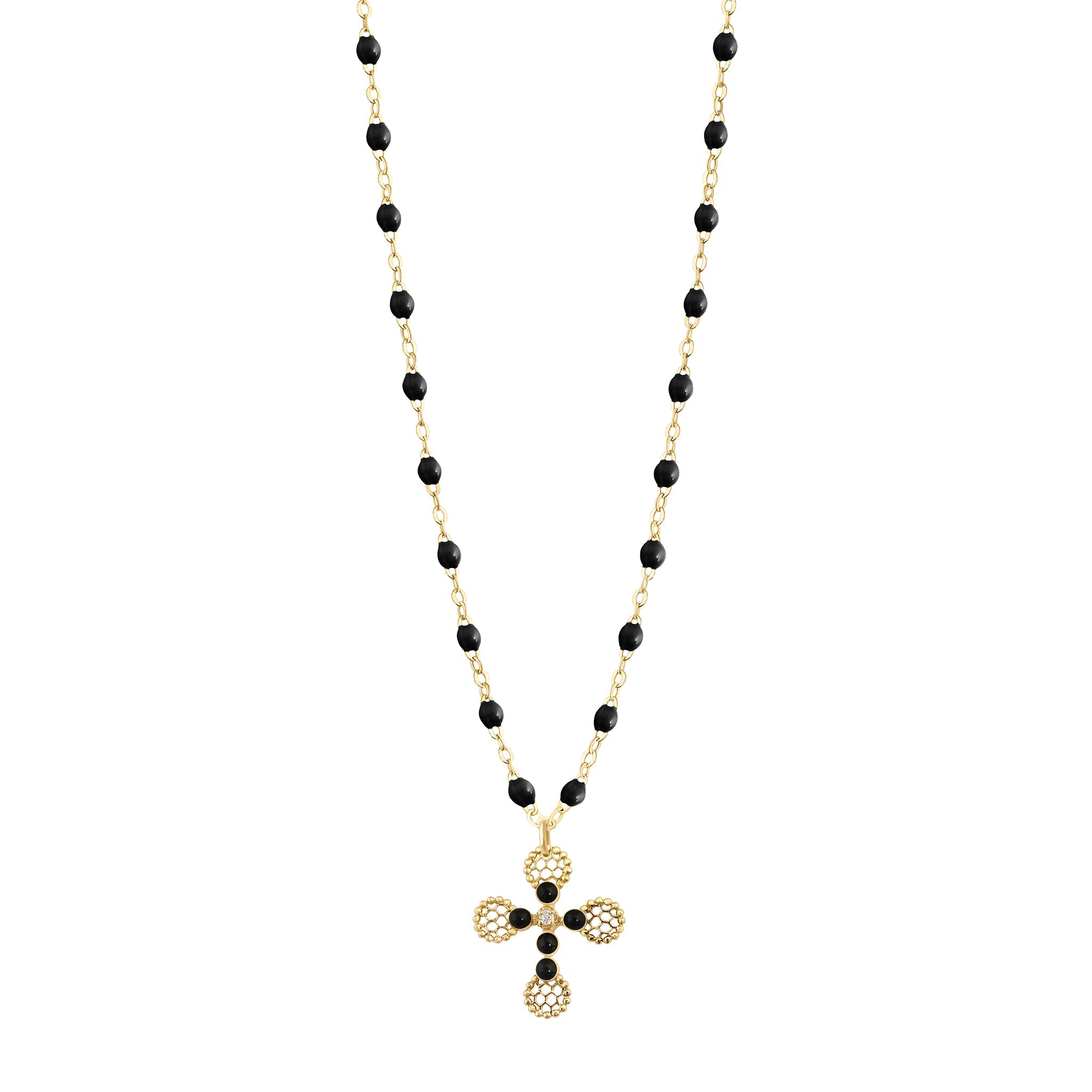 Gigi Clozeau - Lace Cross Diamond Necklace, Black, Yellow Gold, 16.5"