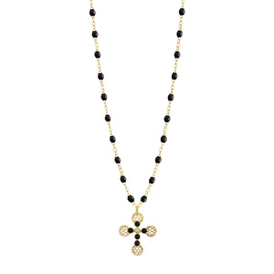 Gigi Clozeau - Lace Cross Diamond Necklace, Black, Yellow Gold, 16.5"