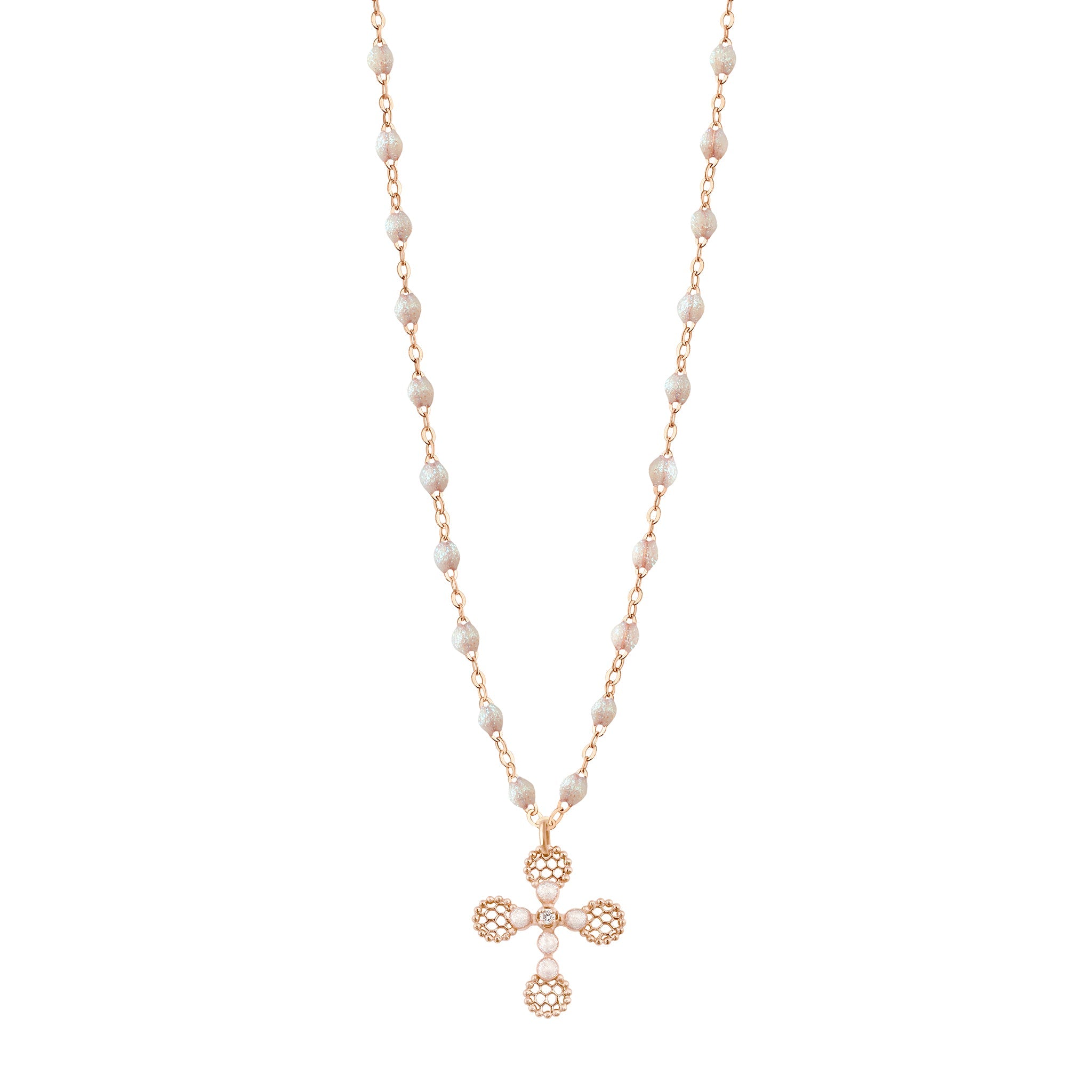 Gigi Clozeau - Lace Cross Diamond Necklace, Opal, Rose Gold, 16.5"