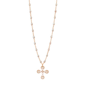 Gigi Clozeau - Lace Cross Diamond Necklace, Opal, Rose Gold, 16.5"