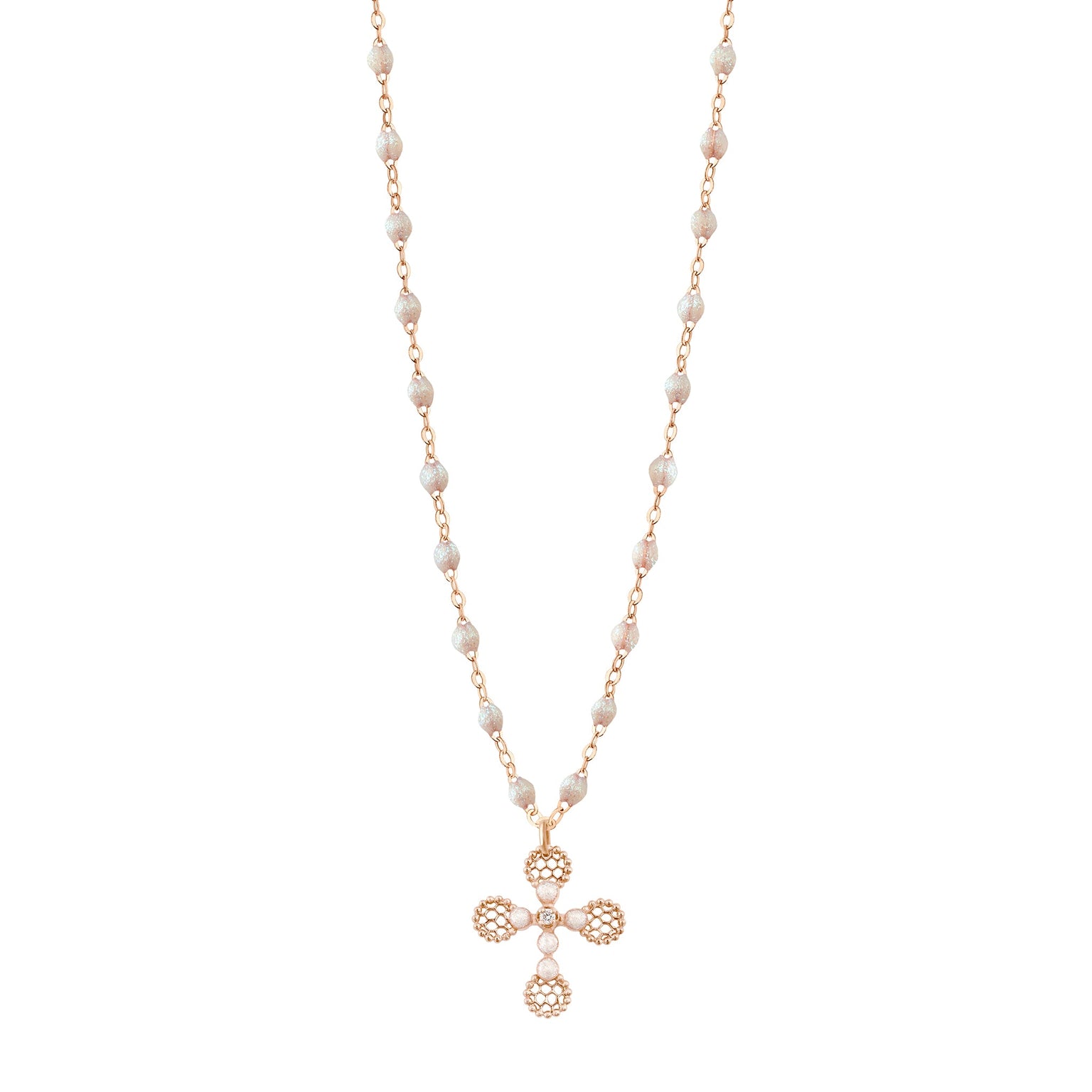 Gigi Clozeau - Lace Cross Diamond Necklace, Opal, Rose Gold, 16.5"