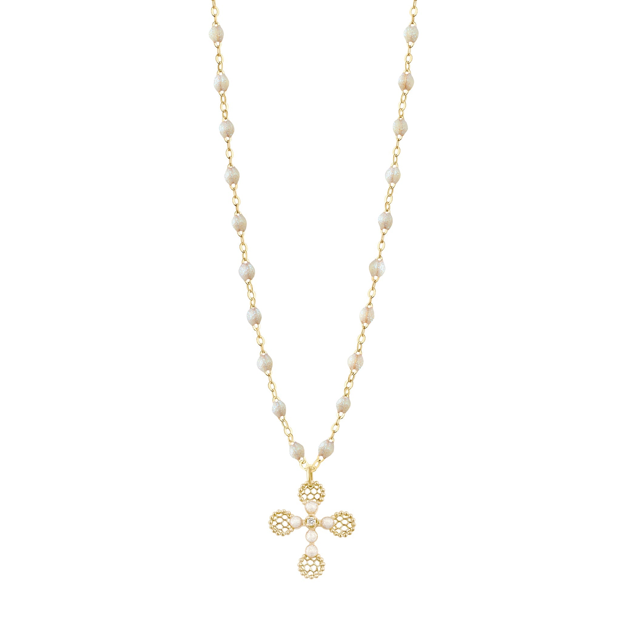 Gigi Clozeau - Lace Cross Diamond Necklace, Opal, Yellow Gold, 16.5"