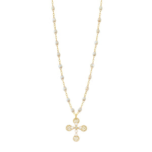 Gigi Clozeau - Lace Cross Diamond Necklace, Opal, Yellow Gold, 16.5"