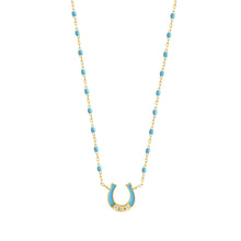 Gigi Clozeau - Mini Horseshoe Diamond Turquoise necklace, Yellow Gold, 16.5"