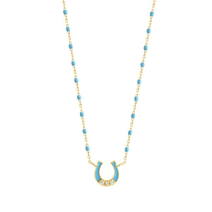 Gigi Clozeau - Mini Horseshoe Diamond Turquoise necklace, Yellow Gold, 16.5"