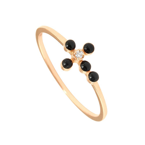 Gigi Clozeau - Pearled Cross Diamond Black Ring, Rose Gold, Size 5.25