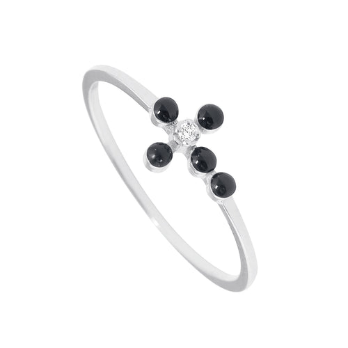Gigi Clozeau - Pearled Cross Diamond Black Ring, White Gold, Size 4.75