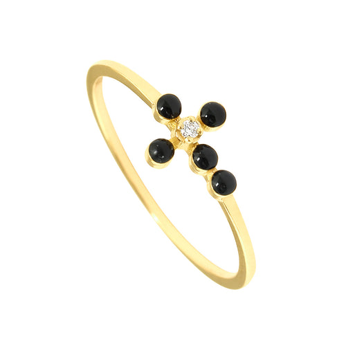Gigi Clozeau - Pearled Cross Diamond Black Ring, Yellow Gold, Size 4.75