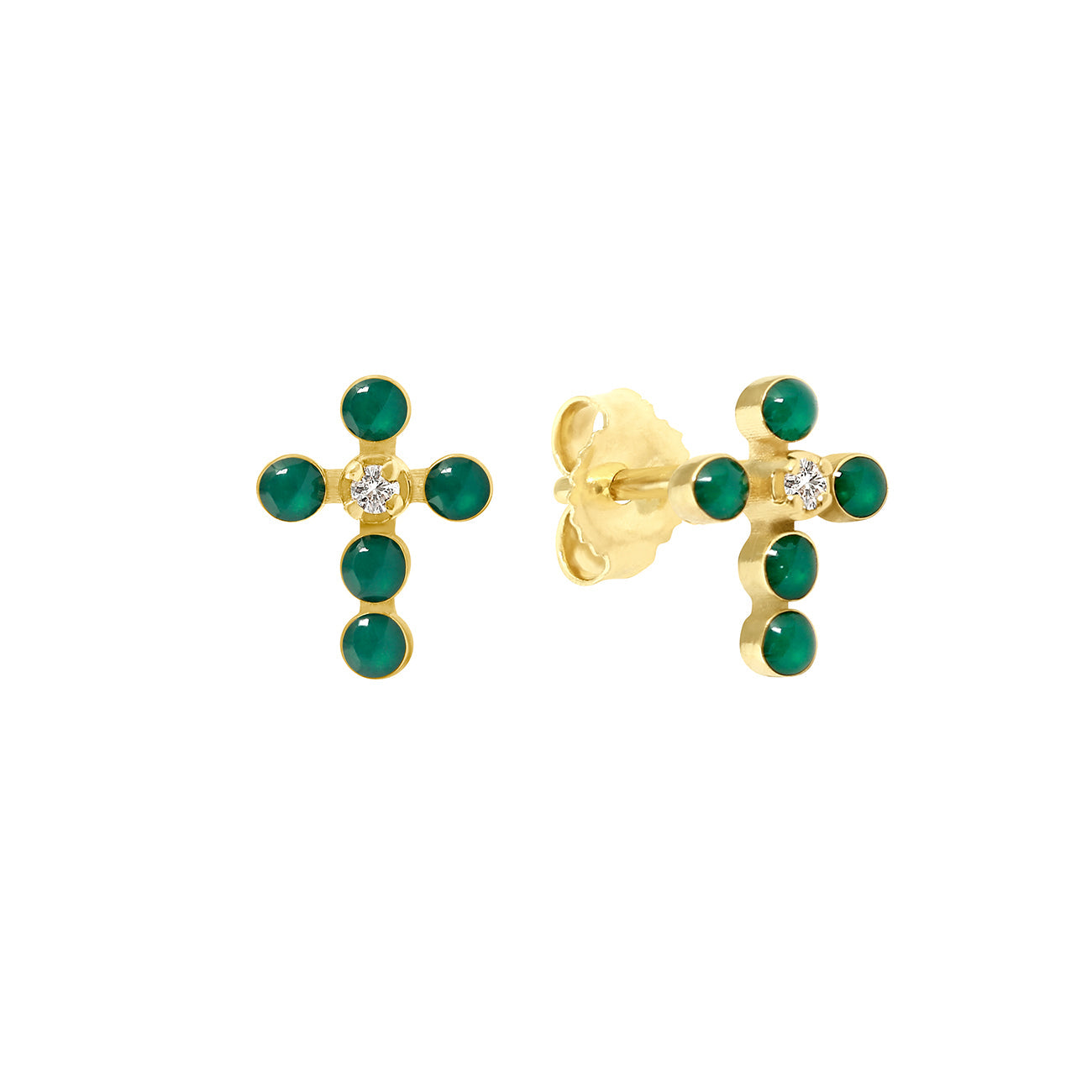 Gigi Clozeau - Pearled Cross Diamond Earrings, Emerald, Yellow Gold