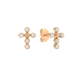 Gigi Clozeau - Pearled Cross Diamond Earrings, Opal, Rose Gold