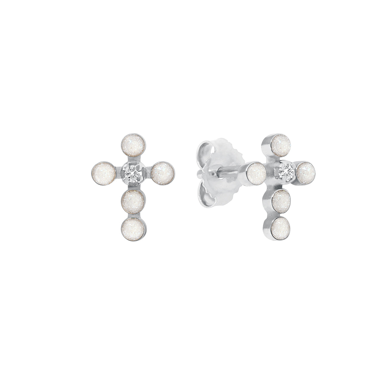Gigi Clozeau - Pearled Cross Diamond Earrings, Opal, White Gold