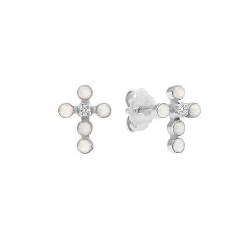Gigi Clozeau - Pearled Cross Diamond Earrings, Opal, White Gold