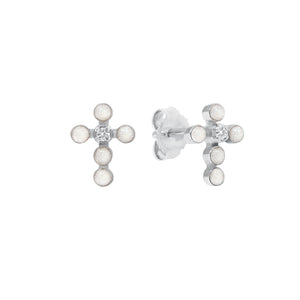Gigi Clozeau - Pearled Cross Diamond Earrings, Opal, White Gold