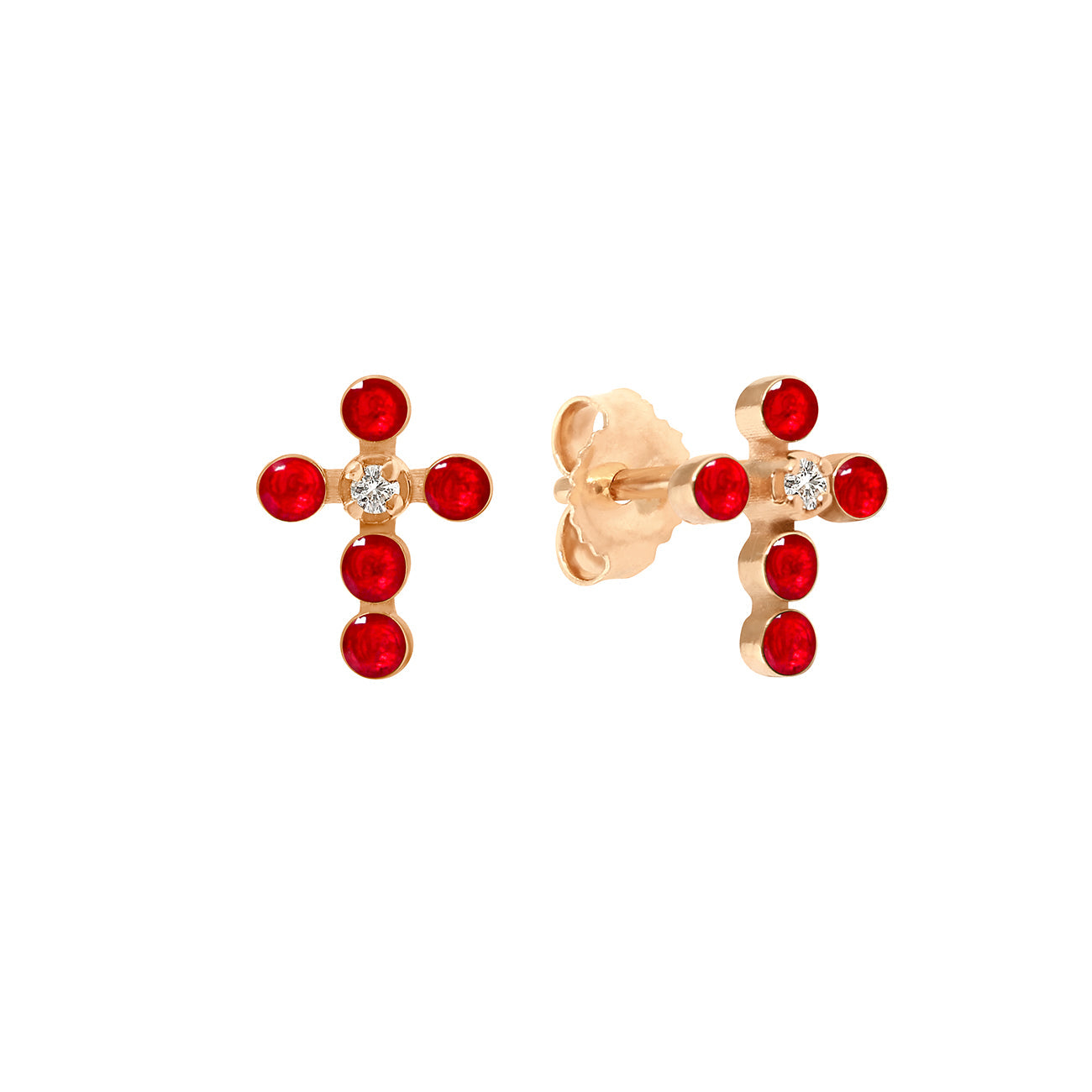 Gigi Clozeau - Pearled Cross Diamond Earrings, Ruby, Rose Gold