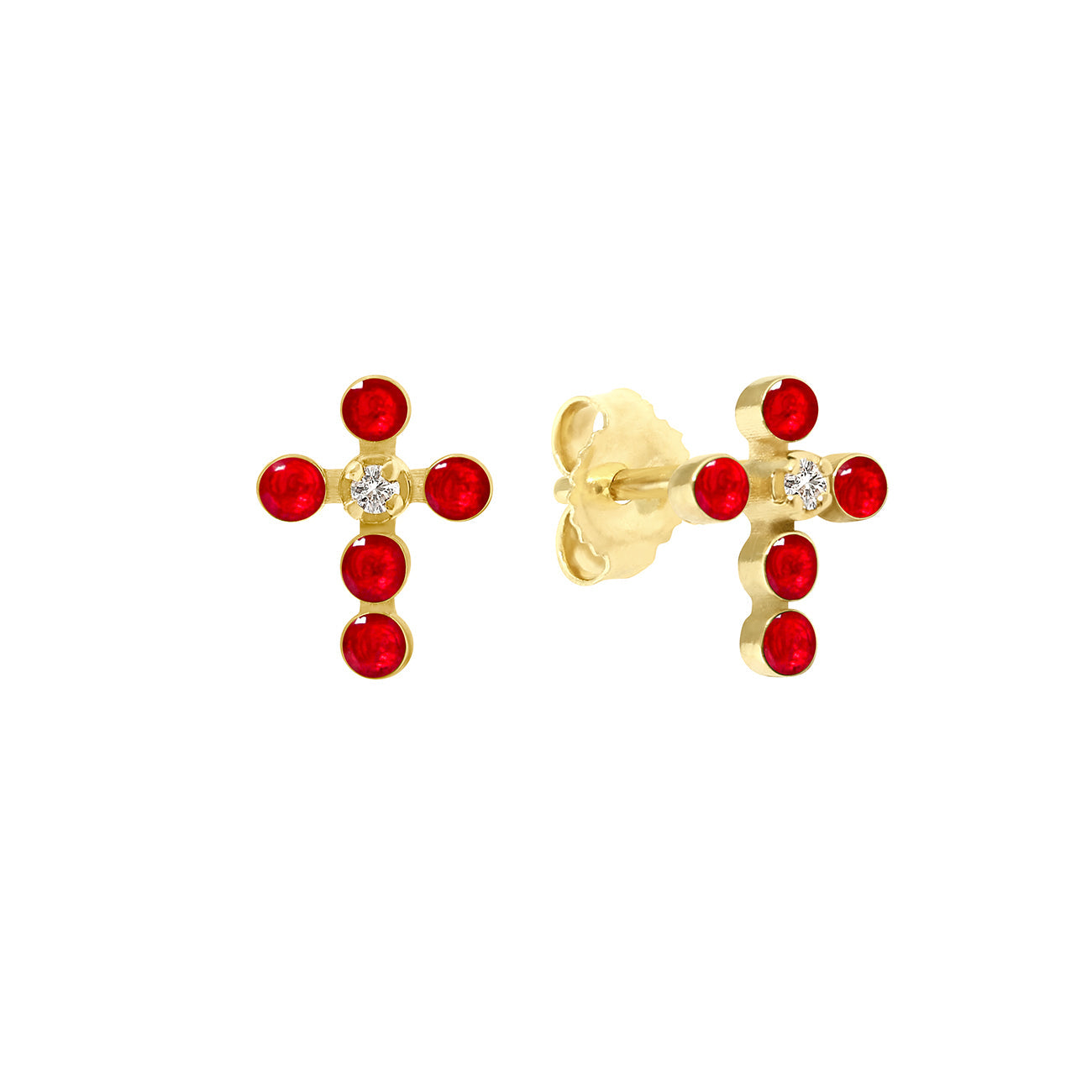 Gigi Clozeau - Pearled Cross Diamond Earrings, Ruby, Yellow Gold
